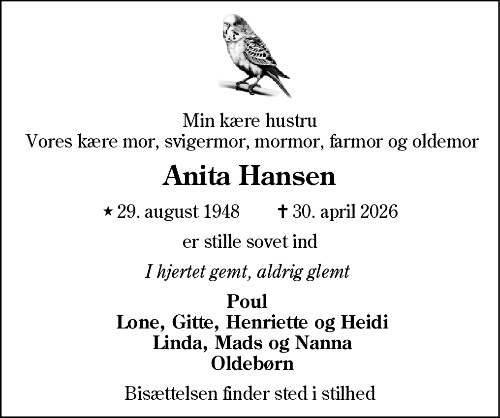 Dødsannonce for Anita Hansen