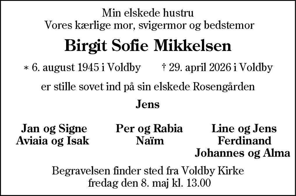 Dødsannonce for Birgit Sofie Mikkelsen