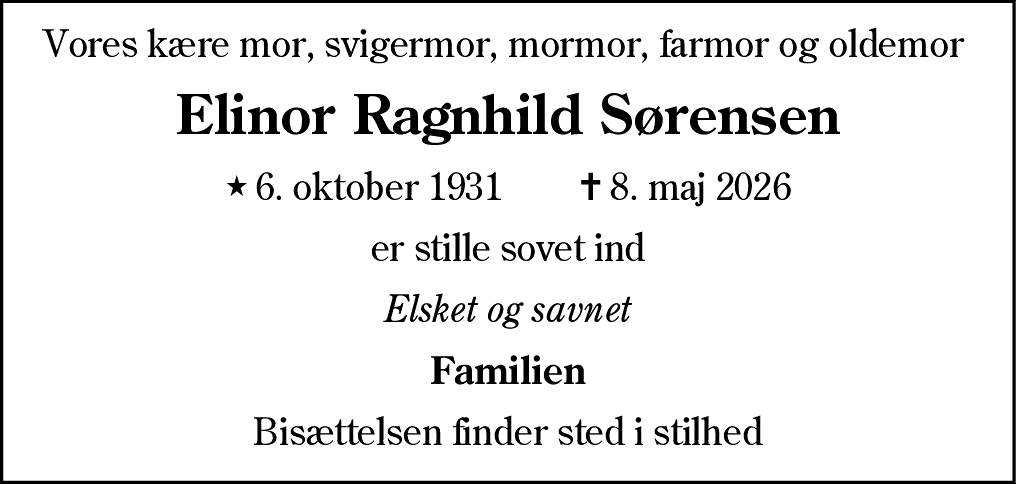 Dødsannonce for Elinor Ragnhild Sørensen