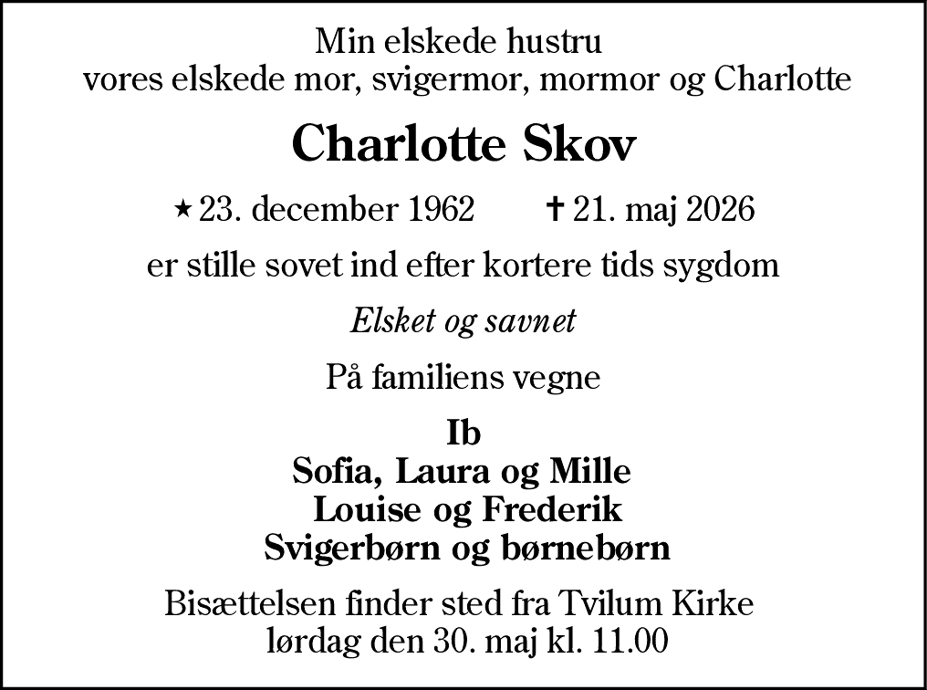 Dødsannonce for Charlotte Skov