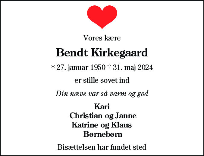 Dødsannonce for Bendt Kirkegaard