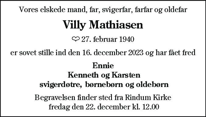 Dødsannonce for Villy Mathiasen