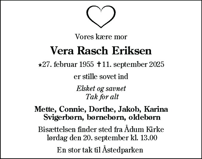 Dødsannonce for Vera Rasch Eriksen