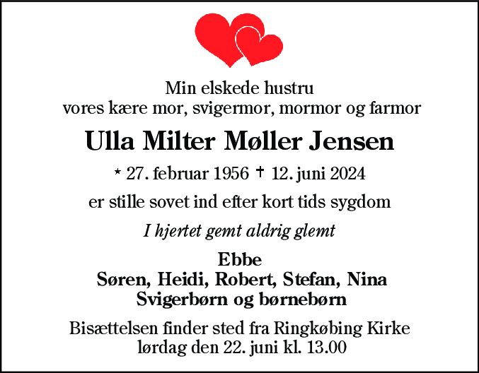 Dødsannonce for Ulla Milter Møller Jensen