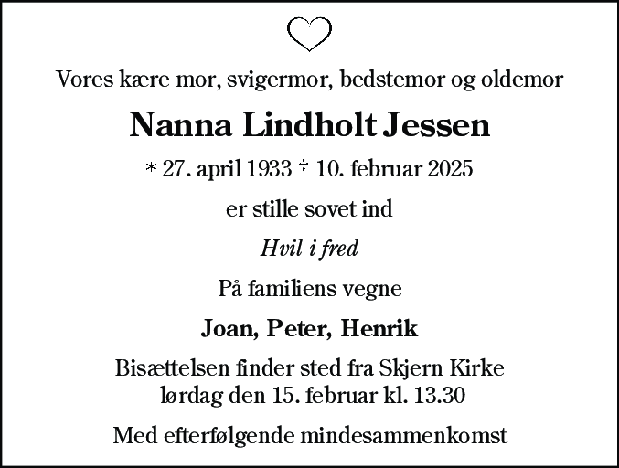 Dødsannonce for Nanna Lindholt Jessen