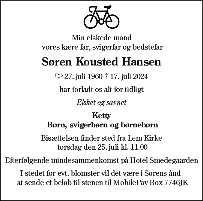 Dødsannonce for Søren Kousted Hansen