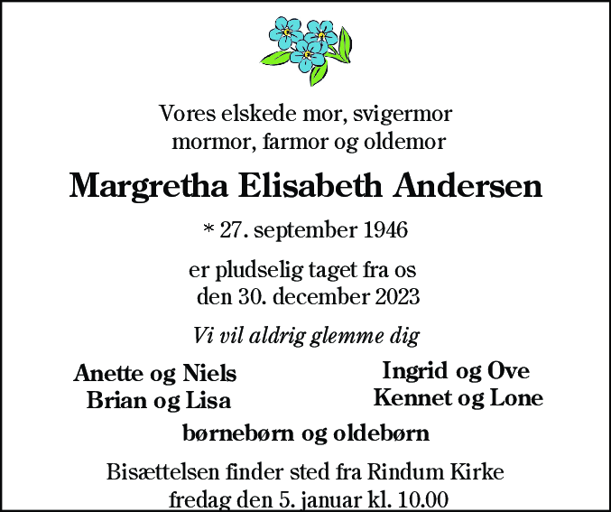 Dødsannonce for Margrethe Elisabeth Andersen