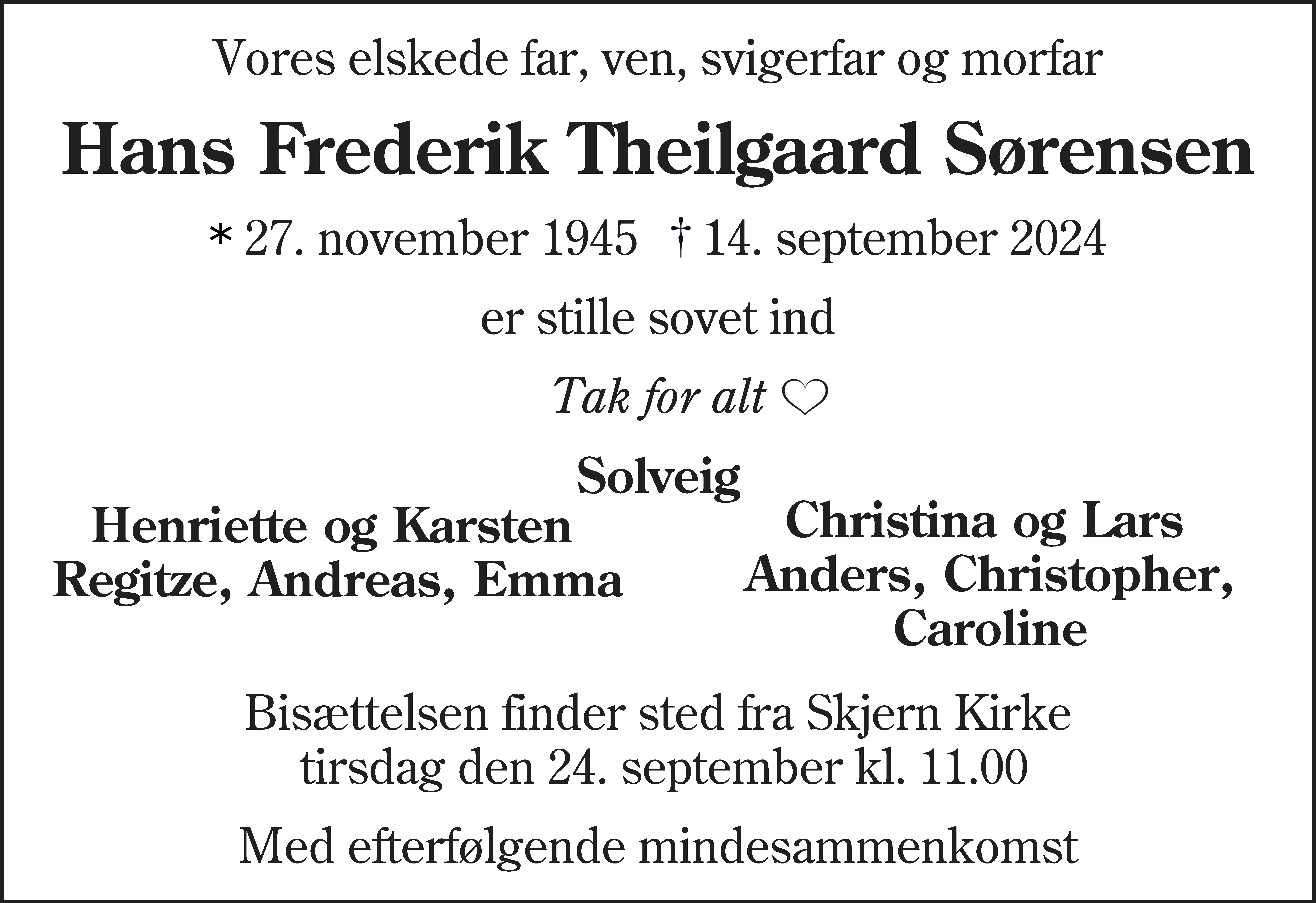 Dødsannonce for Hans Frederik Theilgaard Sørensen