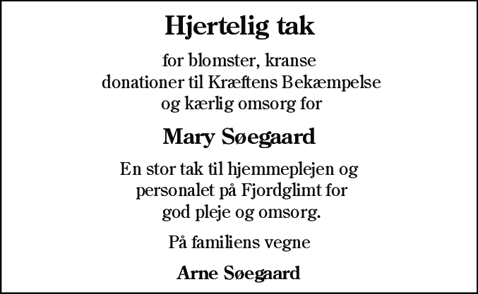 Dødsannonce for Mary Søegaard