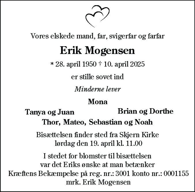 Dødsannonce for Erik Mogensen
