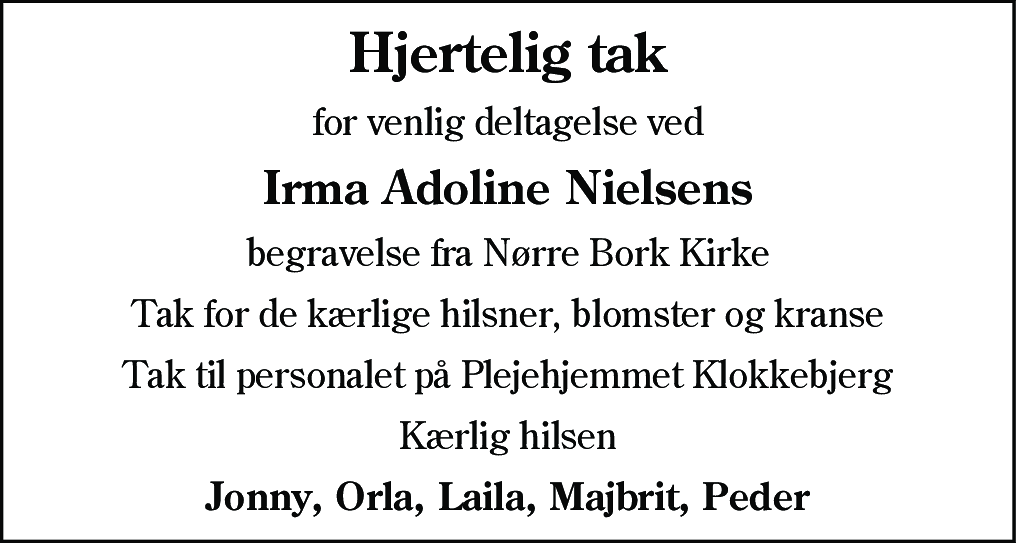 Dødsannonce for Irma Adoline Nielsen
