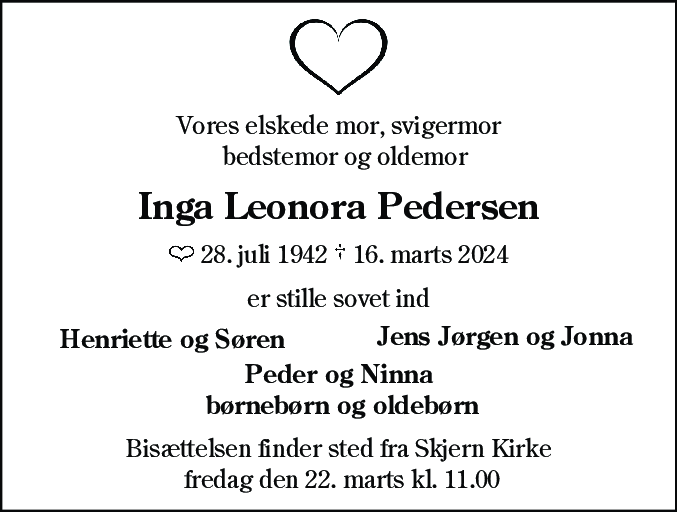 Dødsannonce for Inga Leonora Pedersen