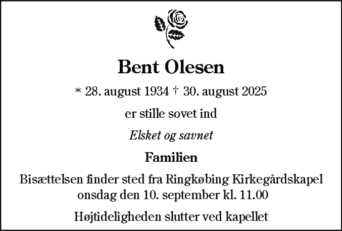 Dødsannonce for Bent Olesen