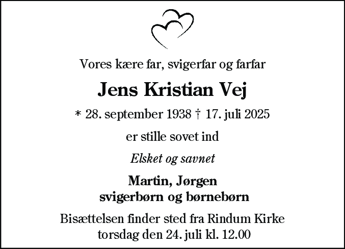 Dødsannonce for Jens Kristian Vej