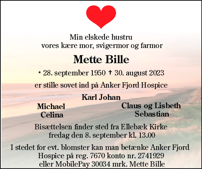 Dødsannonce for Mette Bille