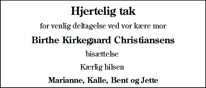 Dødsannonce for Birthe Kirkegaard Christiansen