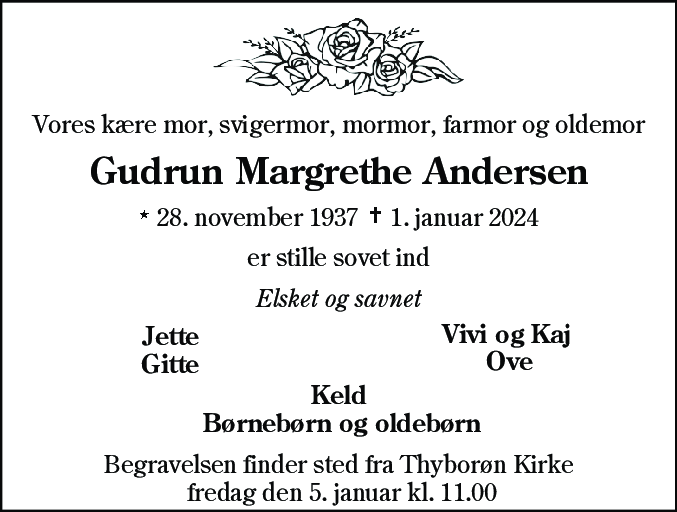Dødsannonce for Gudrun Margrethe Andersen