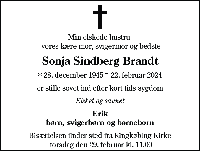 Dødsannonce for Sonja Sindberg Brandt