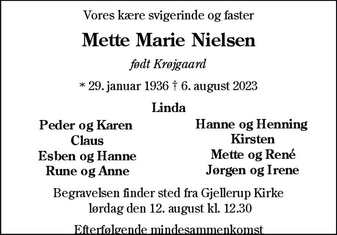 Dødsannonce for Mette Marie Krøjgaard Nielsen