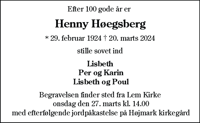 Dødsannonce for Henny Høegsberg