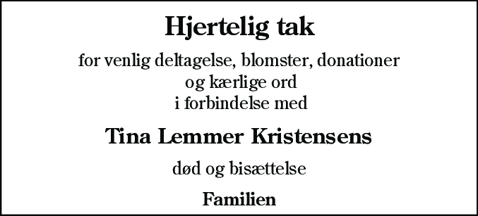 Dødsannonce for Tina Lemmer Kristensen