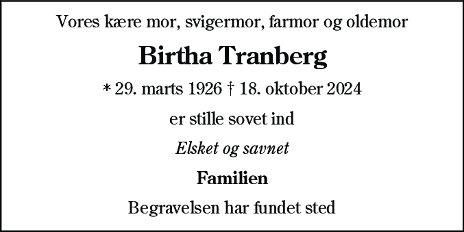Dødsannonce for Birtha Tranberg