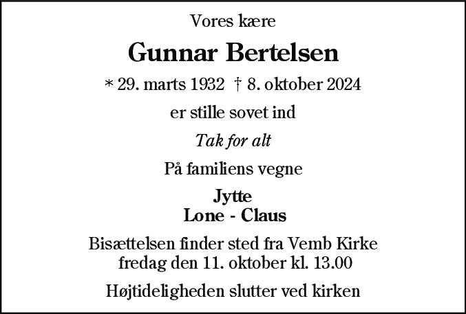 Dødsannonce for Gunnar Bertelsen