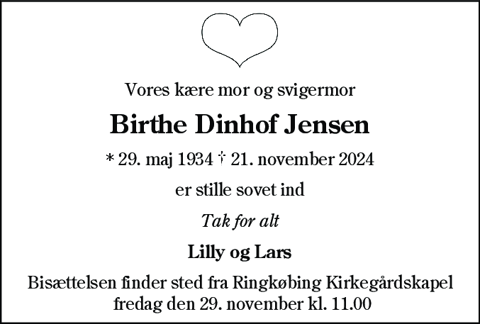 Dødsannonce for Birthe Dinhof Jensen