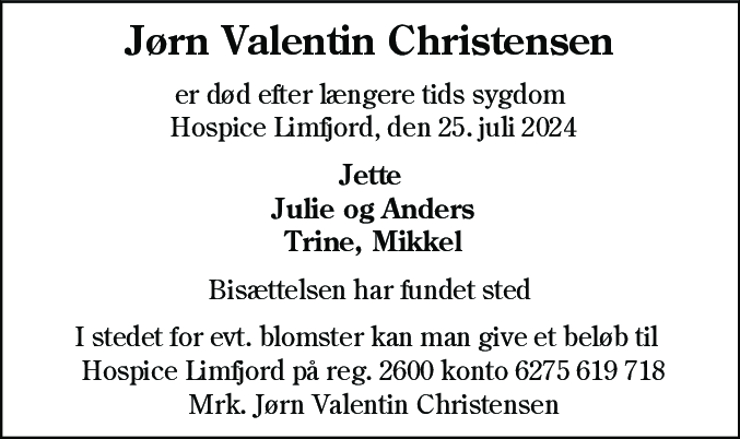 Dødsannonce for Jørn Valentin Christensen