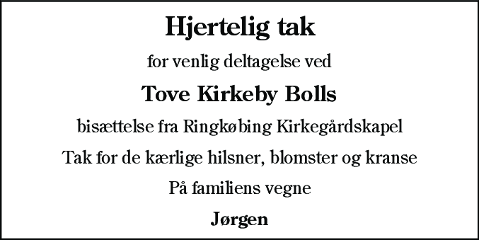Dødsannonce for Tove Kirkeby Boll