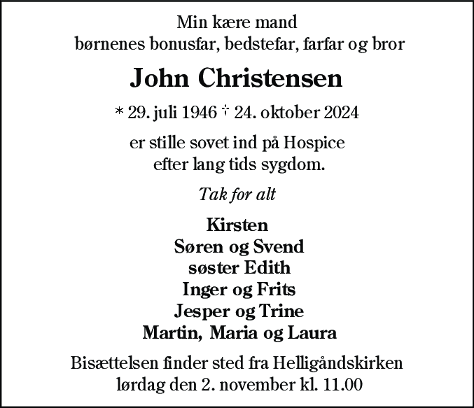 Dødsannonce for John Christensen