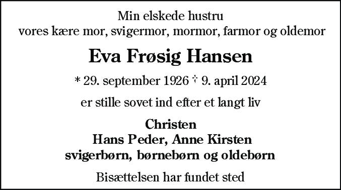 Dødsannonce for Eva Frøsig Hansen