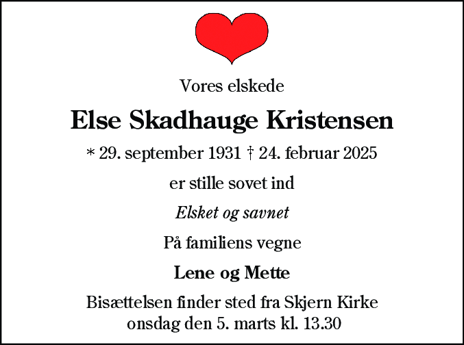 Dødsannonce for Else Skadhauge Kristensen