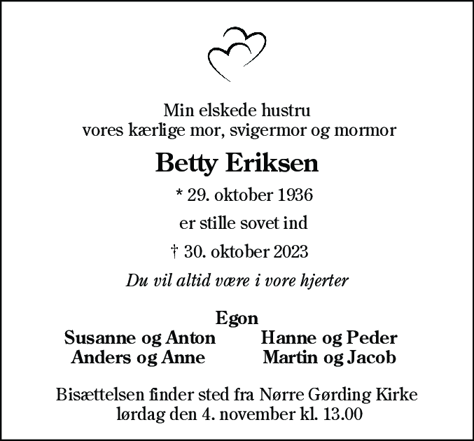 Dødsannonce for Betty Eriksen