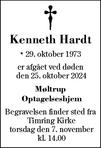 Dødsannonce for Kenneth Hardt