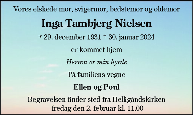Dødsannonce for Inga Tambjerg Nielsen