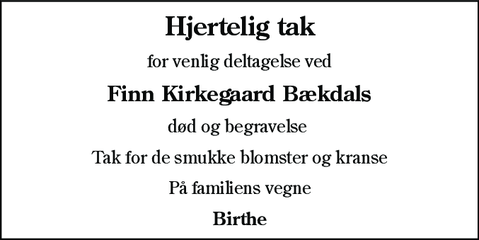Dødsannonce for Finn Kirkegaard Bækdal