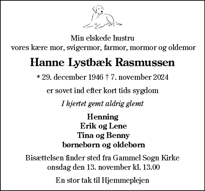 Dødsannonce for Hanne Lystbæk Rasmussen