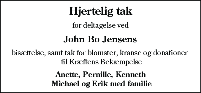 Dødsannonce for John Bo Jensen