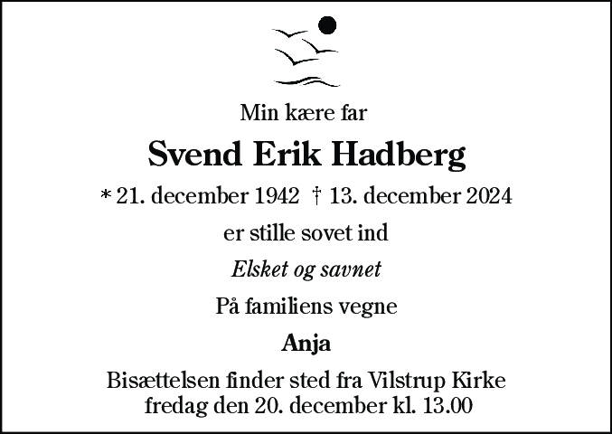 Dødsannonce for Svend Erik Hadberg