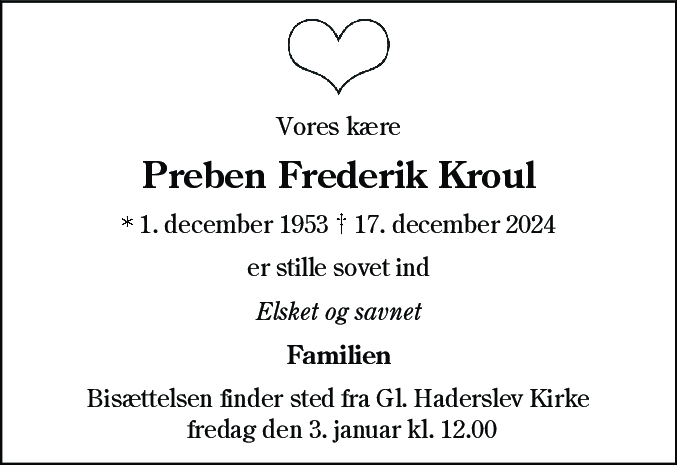 Dødsannonce for Preben Frederik Kroul