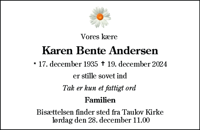 Dødsannonce for Karen Bente Andersen
