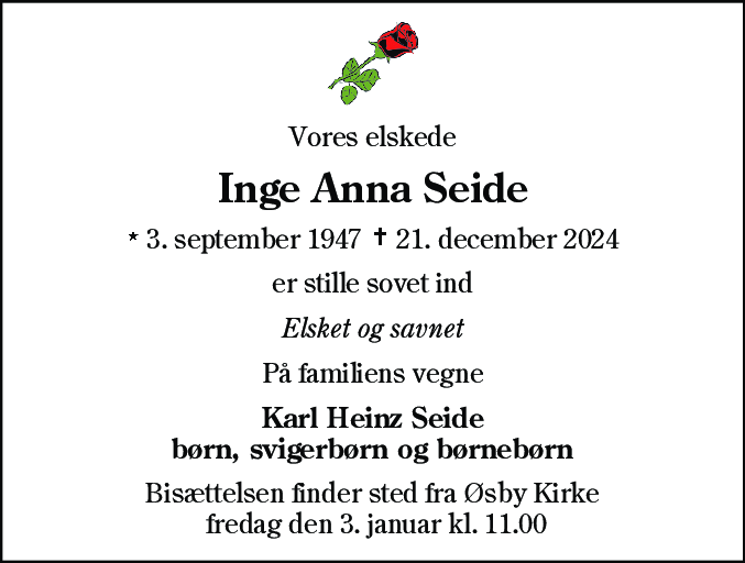 Dødsannonce for Inge Anna Seide