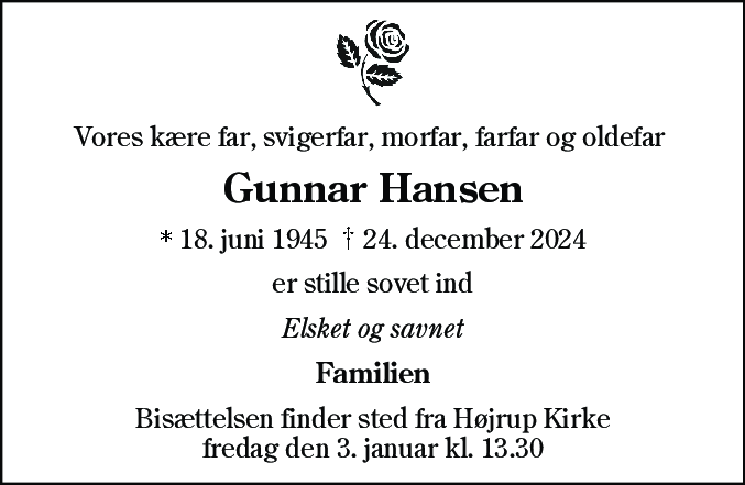Dødsannonce for Gunnar Hansen