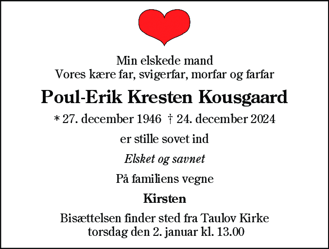 Dødsannonce for Poul-Erik Kresten Kousgaard