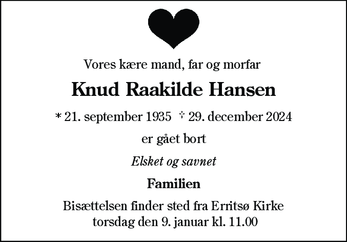 Dødsannonce for Knud Raakilde Hansen