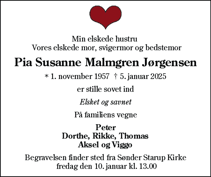 Dødsannonce for Pia Susanne Jørgensen