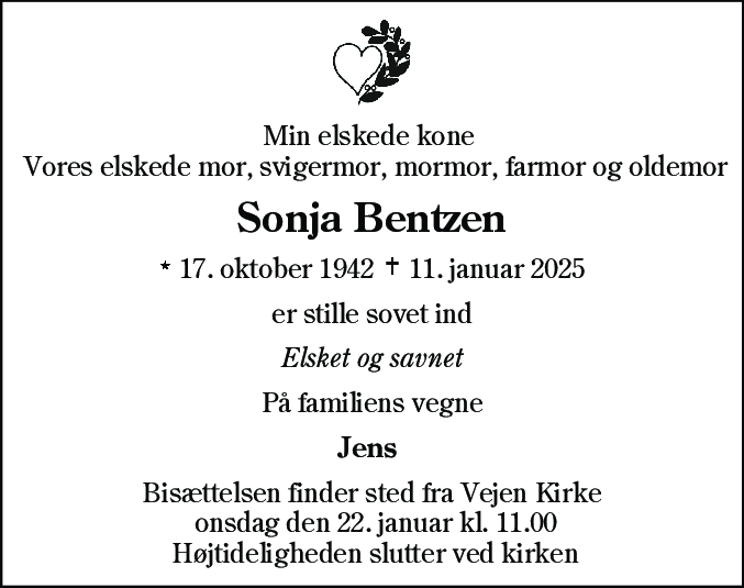 Dødsannonce for Sonja Bentzen
