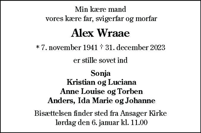 Dødsannonce for Alex Wraae