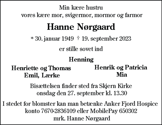 Dødsannonce for Hanne Nørgaard